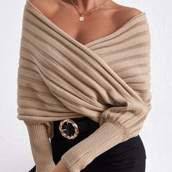 tan Off Shoulder Chunky Knit Wrap off shoulder Swe - Picture 3 of 4
